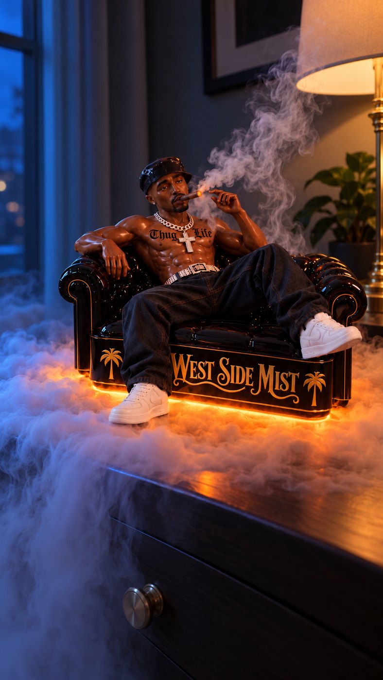 West Side Mist glowing amber in a dark room with fog